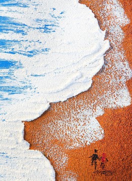 ミニマリズム Painting - ビーチ波抽象砂子供詳細壁アート ミニマリズム